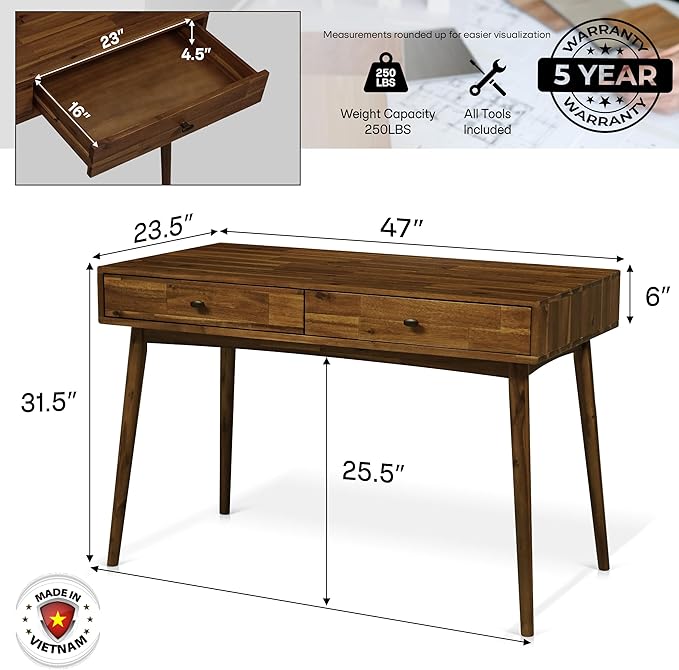 Acacia Lagom 48 Solid Wood Work Desk with Drawers Home Office Desk Office Furniture Work Table for Home Office Scandinavian Style Wood Work Desk for Home Office Walnut
