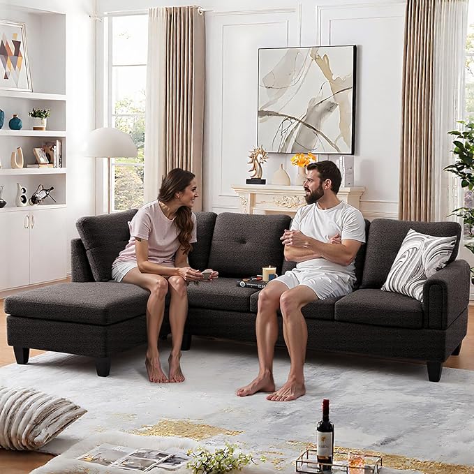 L Shaped Couch Sectional Couches with Chaise Fluffy Fabric 3 Pieces Modular Convertible Sofa for Living Room Furniture Sets and Small Apartment Dark Brown