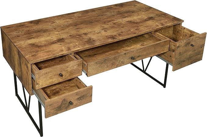 BOWERY HILL Farmhouse Wood Writing Desk 63 W Antique Nutmeg Finish Black Metal Base 4 Drawers with Full Extension Glides Rustic Industrial Office Desk for Home Workspace or Study