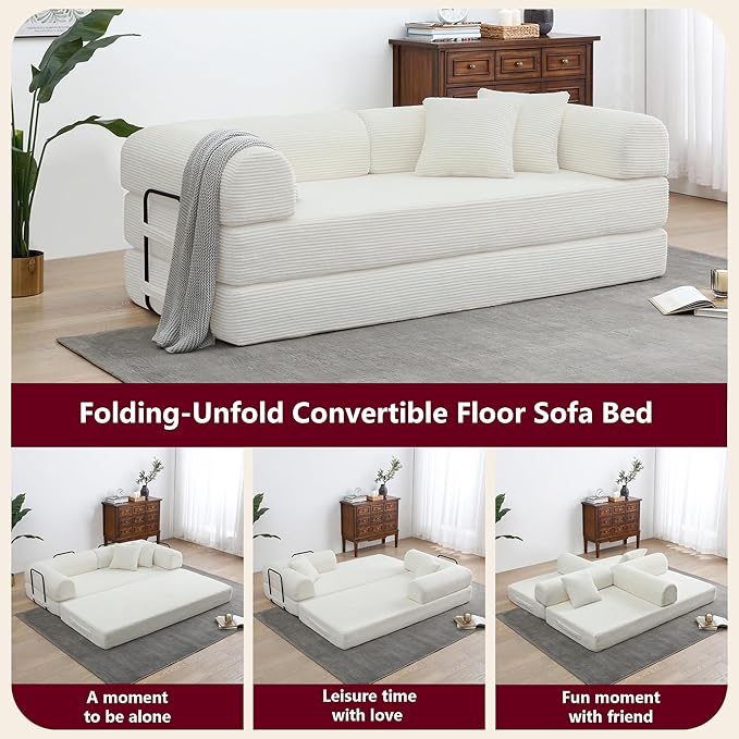 JJJ 78 inch Sofa Bed 4-in-1 Boneless Convertible Corduroy Sleeper Folding Couch with Fixed-Shape Frame and 2 Pillows Futons No-Assembly 3 Seater Upholstered for Living Room (Beige 78 inch)
