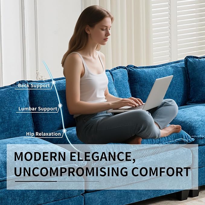 113.78 Modular Cloud Couch Sectional L Shaped Modular Sectional Sofa with Movable Ottoman and Throw Pillows Comfy Chenille Fabric Deep Seat Cloud Sofa Couches for Living Room (Blue3-Seater)