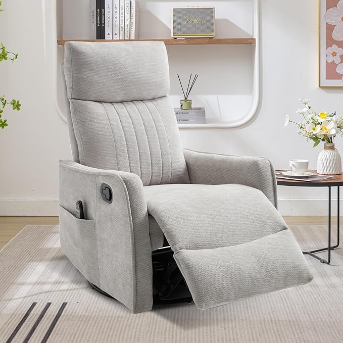 Swivel Rocker Recliner Chair 360° Swivel Recliner with Heat and Massage Rocker Recliner Nursery Glider Chair with Side Pockets for Living Room (Light Grey Fabric)