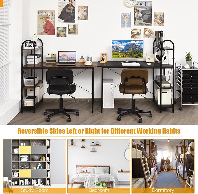 Tangkula 48-Inch Reversible Computer Desk with Storage Shelves Home Office Study Writing Desk with Bookshelves Writing Computer Workstation Home Office Desk (Rustic Brown)
