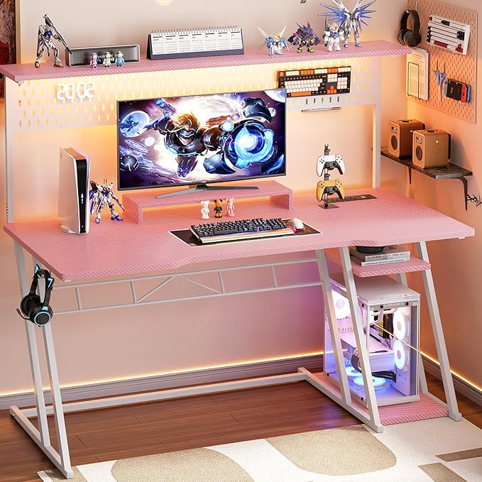 Armocity Pink Gaming Desk with Hutch and LED Lights 53 Computer Desk with Storage Shelves Reversible PC Gaming Desk with Pegboard Gamer Desks for Bedroom Carbon Fiber Surface
