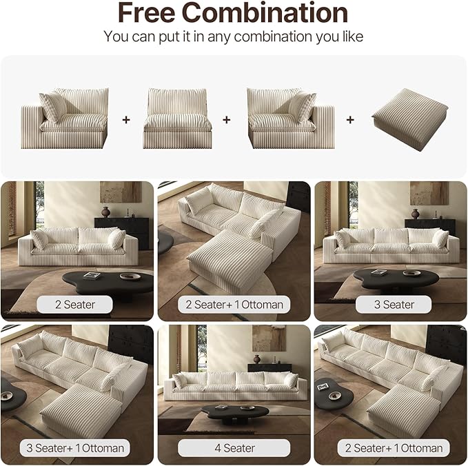 118-inch Boneless Cloud Sofa Modular Corduroy Sectional Couch with Full Foam Compression for Living Room Bedroom Apartment No Assembly Required (White 3 Seater with 1 Ottoman)