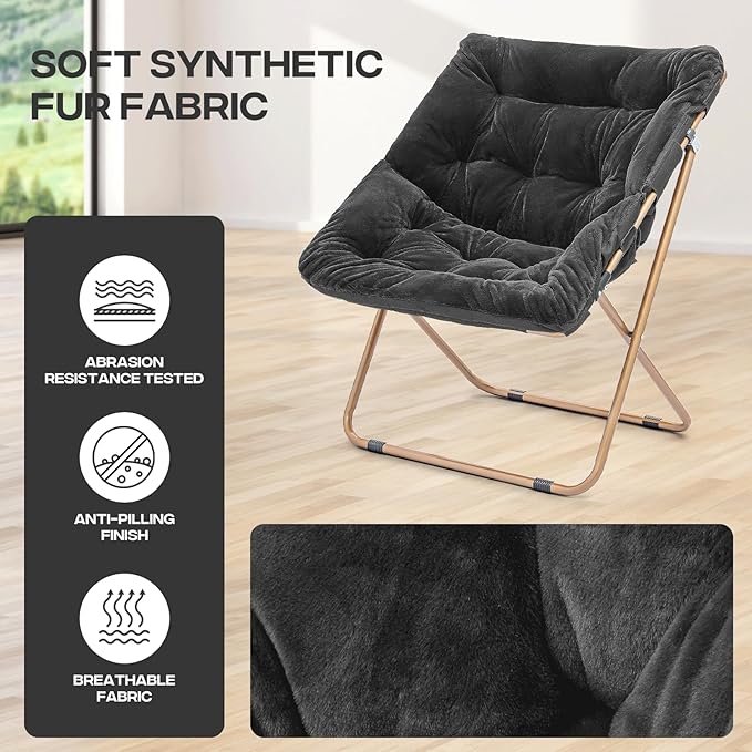 Cozy Saucer Chair Living Room Chair Faux Fur Soft Thick Padded Folding Chair Comfortable Square Moon Chair for Living Room Bedroom Reading Nook Modern Style 2 Pack Black