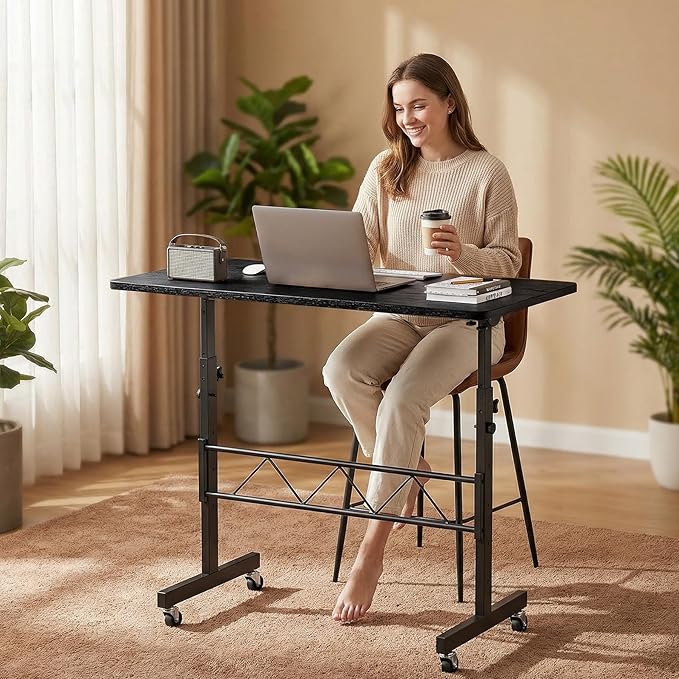 GTPLAYER Small Standing Desk Adjustable Height 30.7-46.4 Portable Computer Table Mobile Desk Workstation Stand Up Desk with Wheels Compact Rolling Table for Home Work Treadmill Walking Pad Black