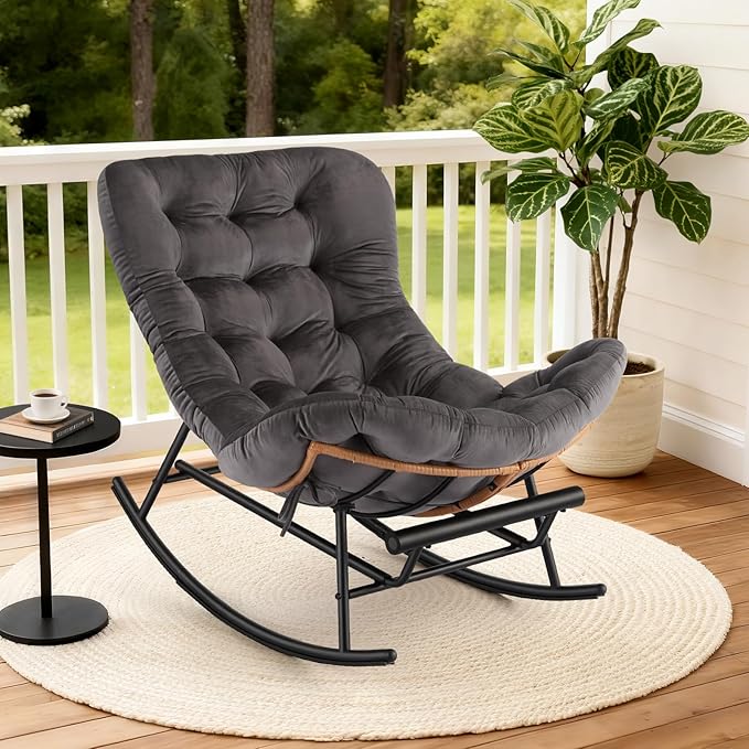 IDEALHOSUE Papasan Rocking Chair with Foot Rest Ergonomic Papasan Chair with Thick Soft Cushion Metal Frame &amp PE Rattan Lounge Chairs for Living Room Bedroom Relaxation Space