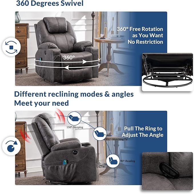 Swivel Glider Rocker Recliner Chair with Heated Massage Ergonomic Lounge 360 Degree Manual Swivel Sofa Seat with 2 Cup Holders Side Pockets &amp USB Ports for Living Room (Gray)