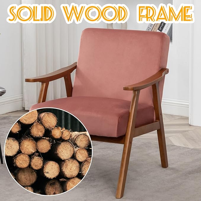 Mid Century Modern Accent Chair Upholstered Armchair Comfy with Wood Legs Siting Chair with Soft Cushion PU Leather Side Chairs for Living Room Bedroom Office (Velvet Rose)