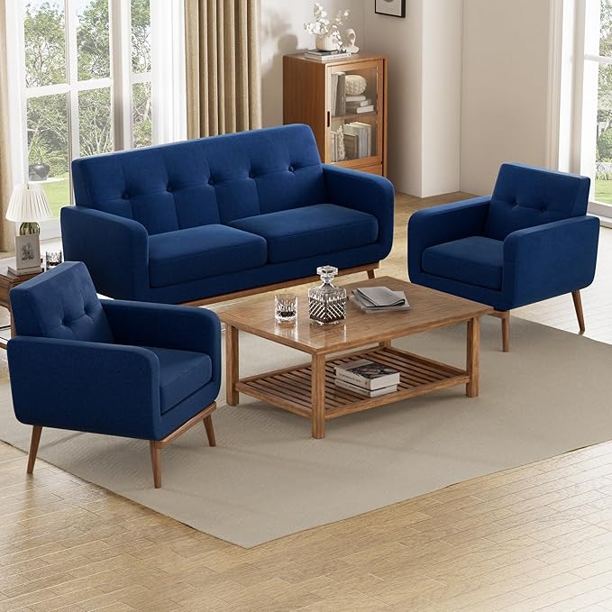 HUIMO Sofa Couch Mid Century Modern Sofa with Solid Wood Frame Button Tufted Couch for Bedroom Living Room Office Apartment (Dark Blue 60 inch)