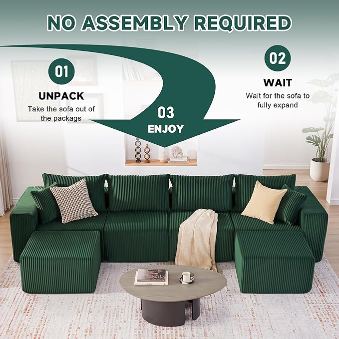 135.4 Cloud Couch Sectional Modular Sofa with Deep Seat Plush Corduroy U Shaped Boneless Couch Convertible Sectional Couches for Living Room 6Seat Green