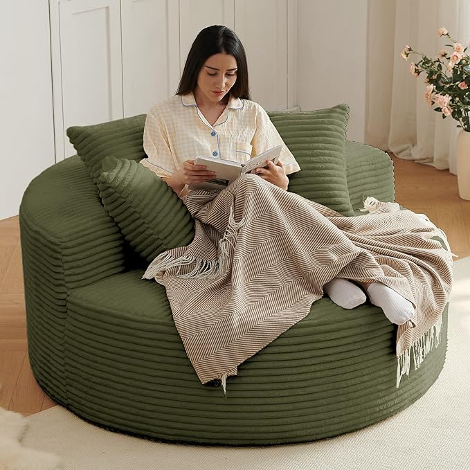 Oversized Round Chair Lounge Chaise Indoor Upholstered Corduroy Deep Seat Cloud Large Circle Sofa Chair No Assembly Required Fluffy Modern Sleeper Sofa Bed for Reading Living Room Light Green