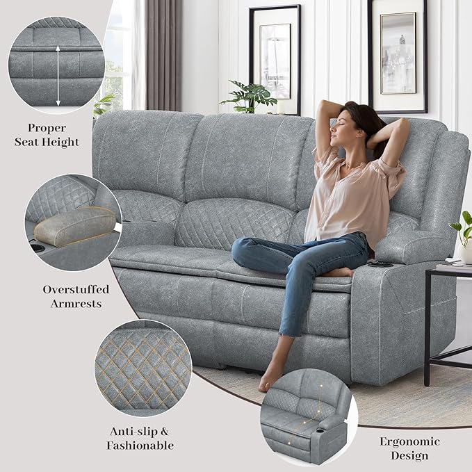 Recliner Sofa 3 Seater Manual Reclining Sofa with 2-Tier Cushion Reclining Couches for Living Room with Removable Console Hidden Storage Space Cup Holders - Gray