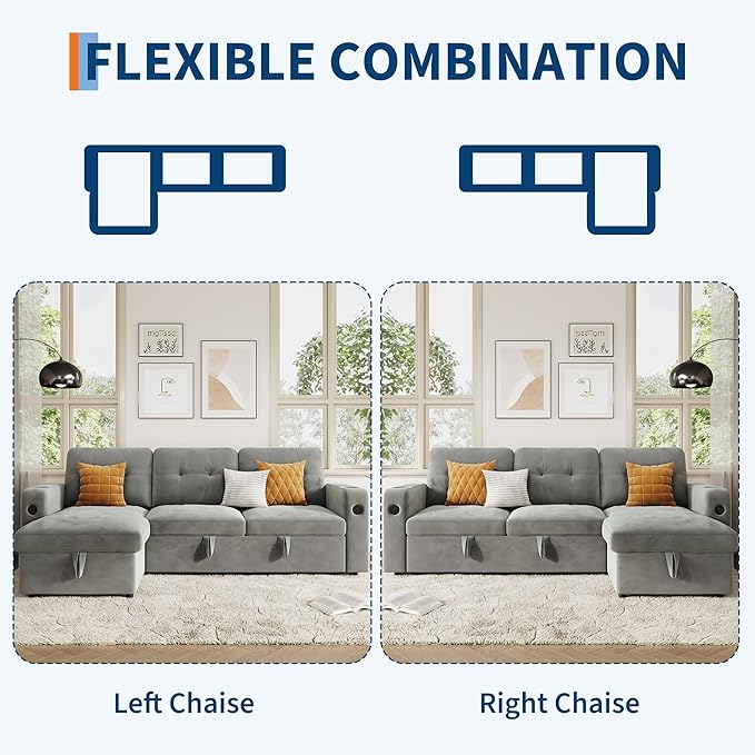 IDEALHOUSE 84 Sleeper Sofa with Storage &amp Charging Station Convertible Sectional Couch Bed with LED Lights Reversible Chaise Pull Out Sofa Bed for Living Room Apartment Velvet Light Grey