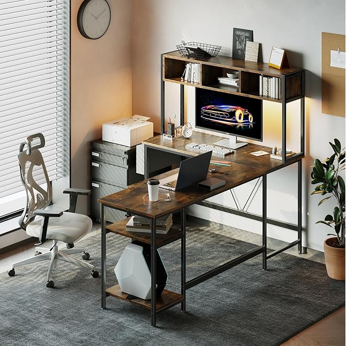 DUMOS L Shaped Gaming Desk 67” Reversible Computer Desks with Led Lights Corner Table with Keyboard Tray Side Bag Storage Shelf Metal Frame Wood Writing for Home Office Bedroom Brown