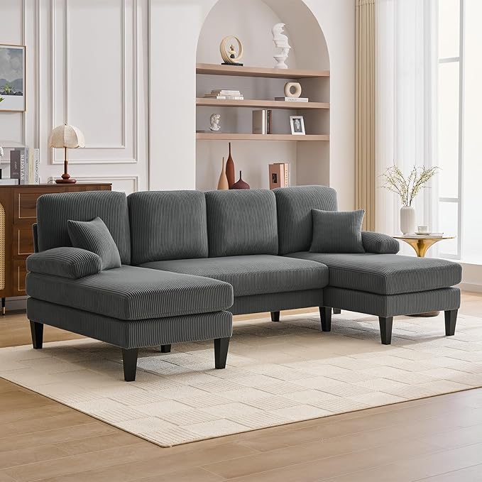98 U Shaped Couch with 18 Seat Height Sectional Couches for Living Room 4 Seater Couch Set with Double Chaise for Apartment Living Room Sofas Corduroy Grey
