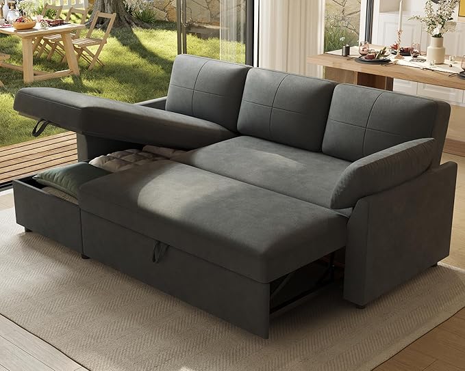 AMERLIFE Sleeper Sofa 2-in-1 Sofa Bed with Storage Chaise Pull Out Sofa Couch for Living Room Guest Room Linen Grey
