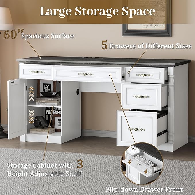 60 Farmhouse Executive Desk with Charging Station Home Office Desk with Drawers &amp File Cabinet Storage Keyboard Tray Wood Computer Desk with Storage for Work and Study Antique White