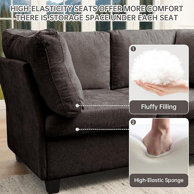 L Shaped Sofa Modern Sofa Modular sectional Cloud Couch with 1 Ottomans 5-seat Chenille deep-seat with Storage and 6 Pillows for Living Rooms bedrooms and Apartments (Coffee)