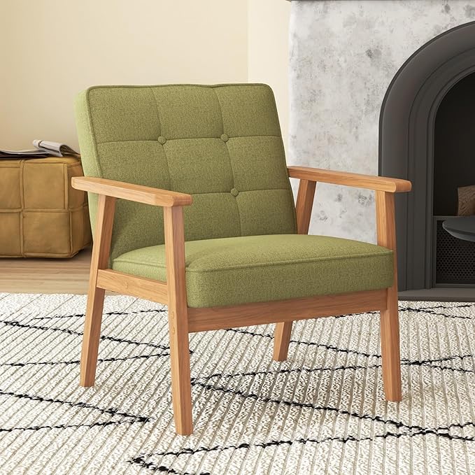 Modern Accent Chair with Arm Rest Upholstered Linen Fabric Leisure Chair Comfy Side Chair with Backrest Button and Wooden Frame for Living Room Bedroom Reading(Green)