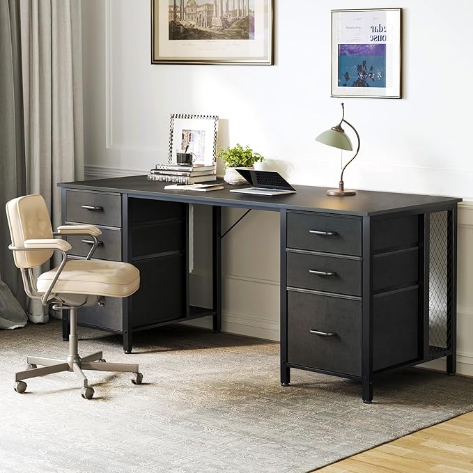 ODK 63 Inch Office Desk with 6 Fabric Drawers Large Computer Desk for Home Office with Hidden Storage Shelves Black
