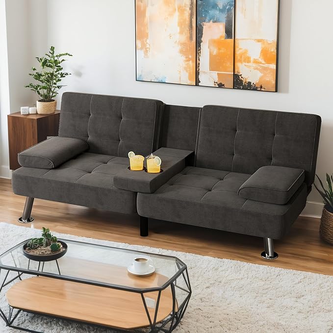 Shahoo Modern Linen Upholstered Convertible Folding Futon Sofa Bed with Removable Armrests Metal Legs 2 Cup Holders for Living Room Black