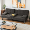 Shahoo Modern Linen Upholstered Convertible Folding Futon Sofa Bed with Removable Armrests Metal Legs 2 Cup Holders for Living Room Black