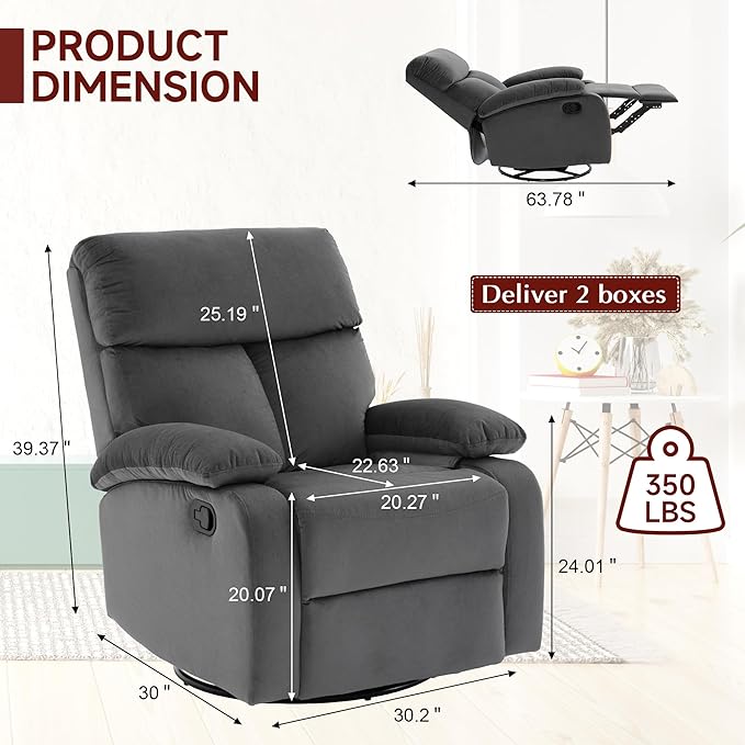 Swivel Rocker - Small Recliner for Small Spaces with Overstuffed Arms and Back Manual Swivel Recliner Chair with Ultra-Soft Velvet for Living Room Nursery Bedroom Dark Gray