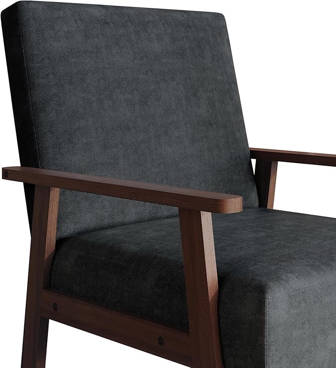 Mid-Century Modern Accent Chair Linen Upholstery Wooden Armrests Cushioned Seat Easy Assembly Dark Grey
