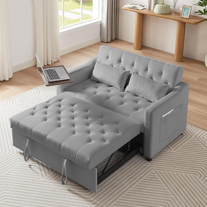 3-in-1 Convertible Sleeper Sofa Bed Pullout Couch with 360° Swivel Side Table Modern Chenille Fabric Easy to Assemble Folding Loveseat Sofa Bed for Living Room &amp Guest Room