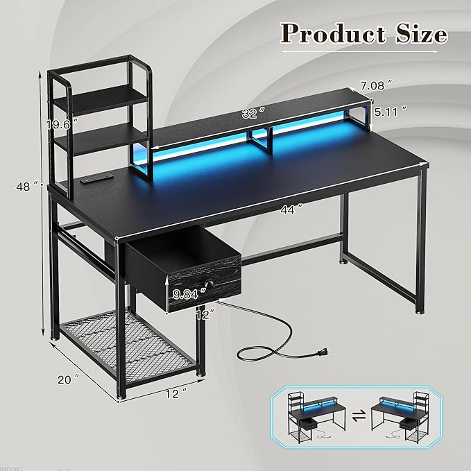 44 Inch Gaming Desk with Hutch and DrawersReversible Computer Desk with Monitor ShelfHome Office Desks with USB Power Outlets and StoragePc Small Gaming Desk for Office with LED LightsBlack