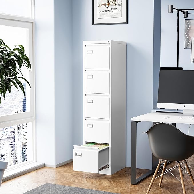 5 Drawer File Cabinet Filing Cabinets for Home Office Vertical File Cabinet with Lock 61.6 H Locking File Cabinet for A4 Legal/Letter Assembly Required (White)