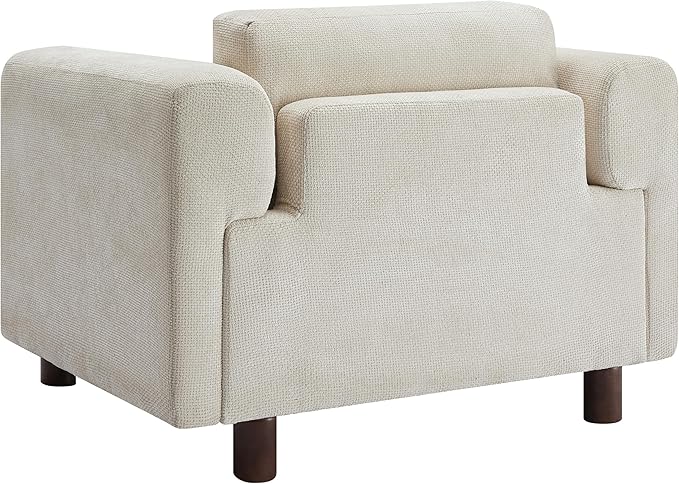 Modern Oversized Armchair Woven Velvet Comfy Accent Chair Single Sofa with Round Rubberwood Legs for Living Room Apartment Offices (Beige-Woven)