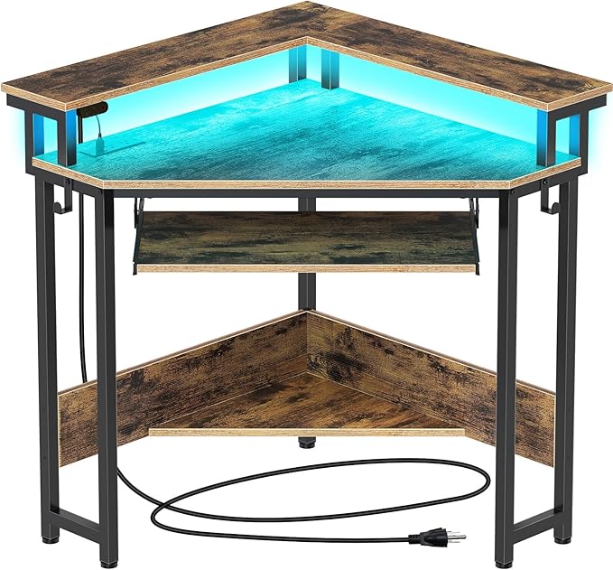 Rolanstar Corner Desk 44.5 W x 34.5 H Small Computer Desk with Power Outlets Gaming Desk with LED Lights Triangle Corner Desk with Keyboard Tray &amp Monitor Stand for Small Space Rustic Brown