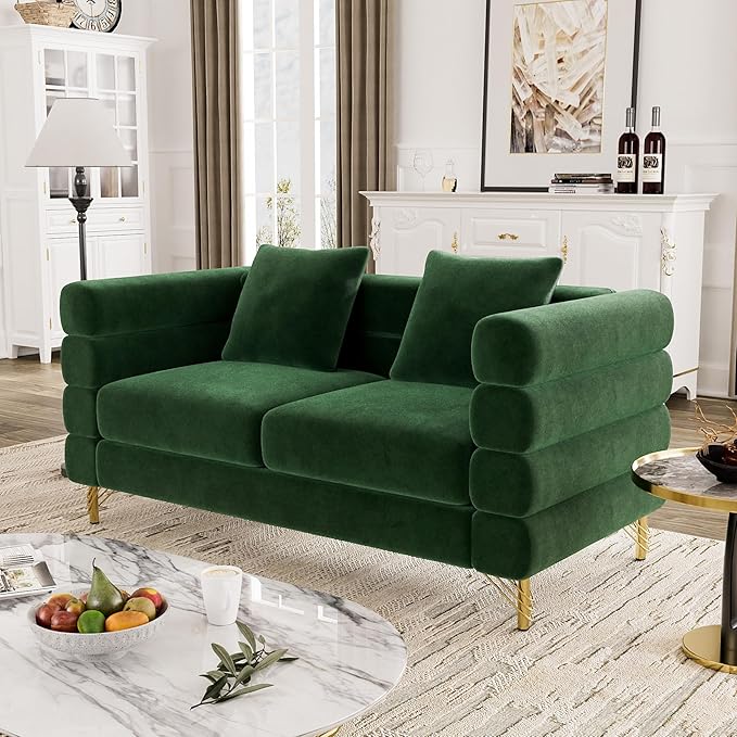 OUYESSIR Cloud Sofa Couch for Living Room 59 Comfy Deep Seat Velvet Loveseat Sofa with 2 Pillows and Gold Legs Modern Upholstered 2 Seater Love Seat for Bedroom Office Emerald Green Velvet
