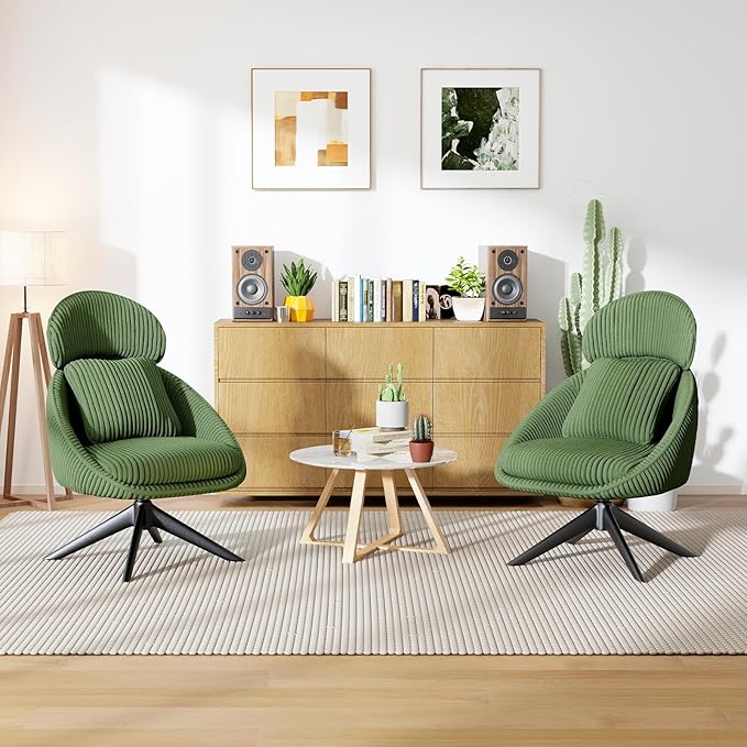 Furniliving Upholstered Swivel Accent Chair for Living Room Modern Armchair Side Chair with Headrest Bedroom Chair with Metal Legs Comfy Sofa Chairs with Pillow Large Corduroy Green