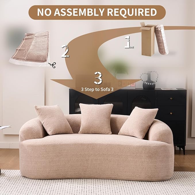65 Curved LoveseatDeep Seat Cloud Floor Couch with 3 BackrestCozy Chenille FabricSmall Loveseat for Small SpacesBedroomOfficeApartment (Beige 65 Inch)