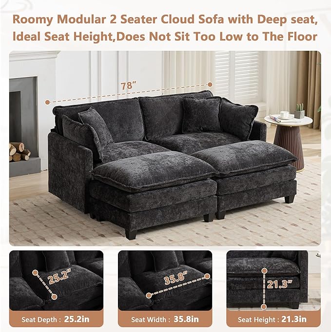 Aoowow Chenille Loveseat Cloud Couch with Ottomans78 Modular Sectional Small Love Seat Lounger Sofa for Small SpacesDouble Chaise Lounge Chairs Indoor for Living Room Bedroom (Black 2+2)