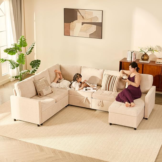 107 Sleeper Sofa Set of Modular Pieces with Pull Out Bed U Shaped Sectional Couch with Storage Extra Wide&ampDeep Seat Couches for Living Room Removable Sofa Cover Chenille-Flat White