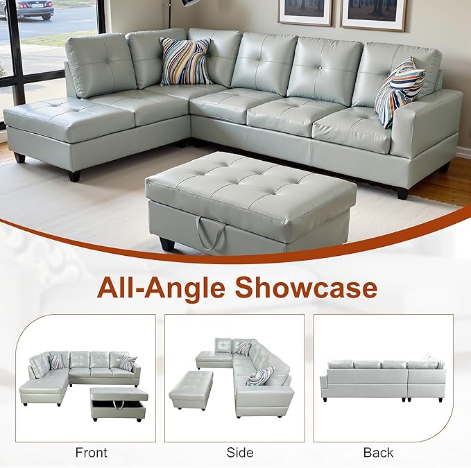 L Shaped Couch PU Leather Sectional Couches for Living Room 3 Pieces Modular Sectional Sofa with Chaise Ottoman with Storage for Living Room and Small Apartment Silver Green