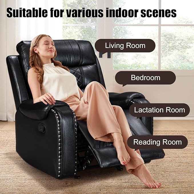 Manual Rocking Recliner Chair 36 Wide Black PU Leather with Diamond Stitching 350 lbs Capacity 90-165° Recline (Black)