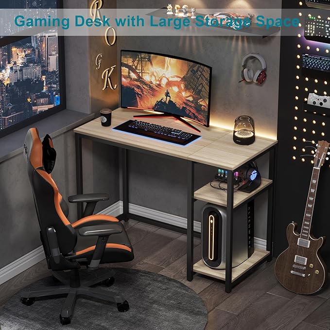 SINPAID Computer Desk 47 inches with 2-Tier Shelves Sturdy Home Office Desks with Large Storage Space Modern Gaming Desk Study Writing Laptop Table Oak