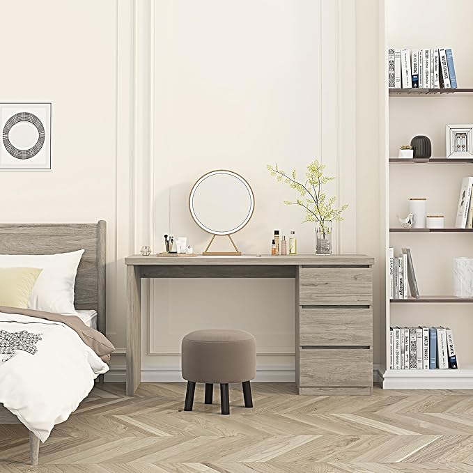 furtble Computer Desk with Drawers 53.5 inches Wood Work Desk Home Office Desk Workstation with Storage Farmhouse Computer Table for Bedroom Living Room Grey Oak