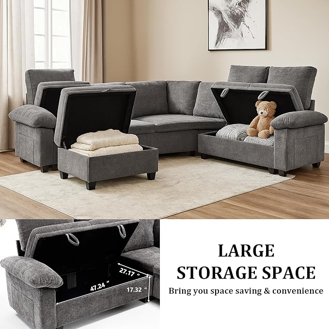 85 Inch Modular Sectional L Shaped Couch Sofa with Pull Out Bed5 Seat Sectional Sleeper Sofa with StorageCouches for Living Room (Gray 5 Seat Sleeper Sofa)