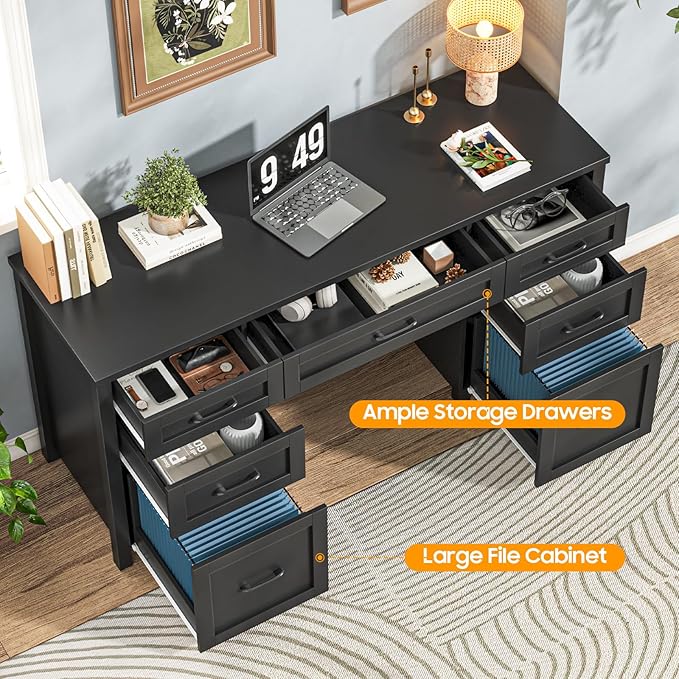 Farmhouse 61'' Executive Desk with 5 Drawers Rustic Office Desk Computer Desk with File Drawers and Storage Cabinet Wood Workstation for Home Office and StudyPure Black