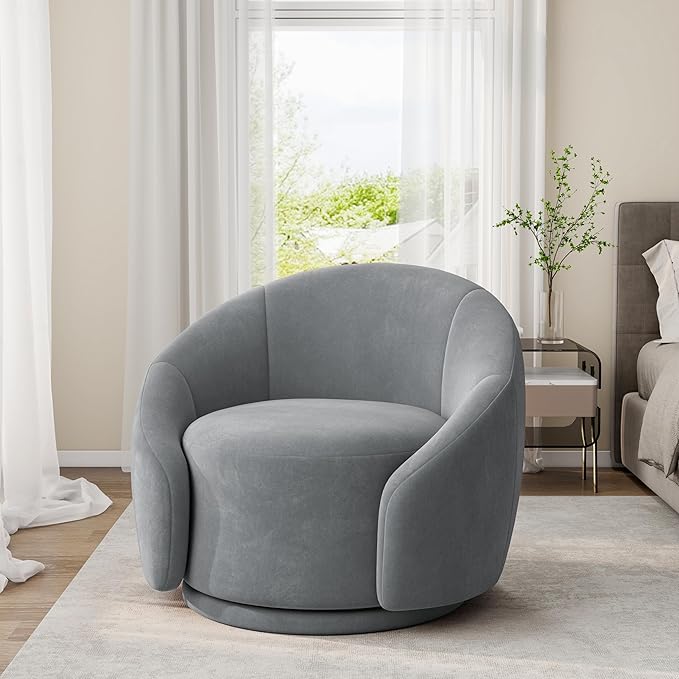 Swivel Barrel Accent Chair 360° Small Round Sofa Chair Comfy Modern Reading Armchair for Living Room Bedroom (Velvet Grey Set of 2)