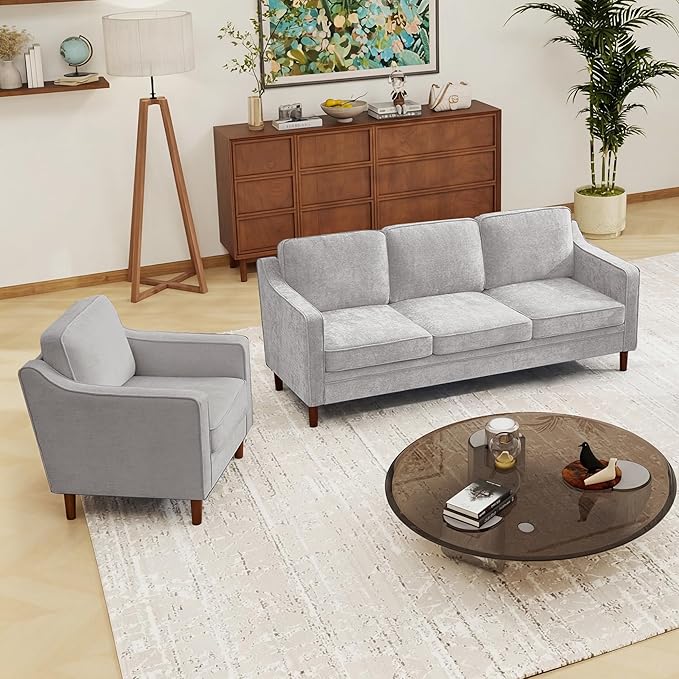 Kingfun Living Room Furniture Sets 3 Seater Couch and Loveseat Mid Century Modern Sofa Set Chenille Couch with Solid Wood Frame for Living Room &amp Bedroom Silver Gray