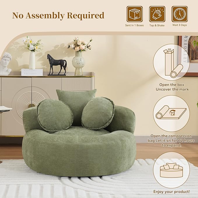 Round Oversized Chair Floor Sofa Chair Chenille Compressed Circle Chaise Lounge No Assembly Boneless Barrel Chair Lazy Bean Bag Couch Accent Chair for Living Room Bedroom DormGreen