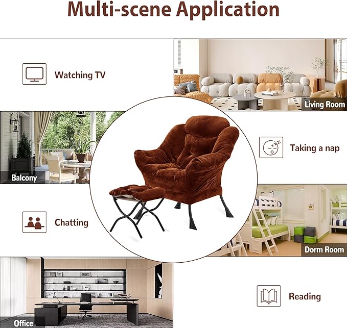 Lazy Chair with Folding Ottoman Accent Chair Plush Upholstered with Metal Structure and Non-Slip Pads Sofa Armchair with Footrest and Side Storage Bag for Dorm Room Office Brown